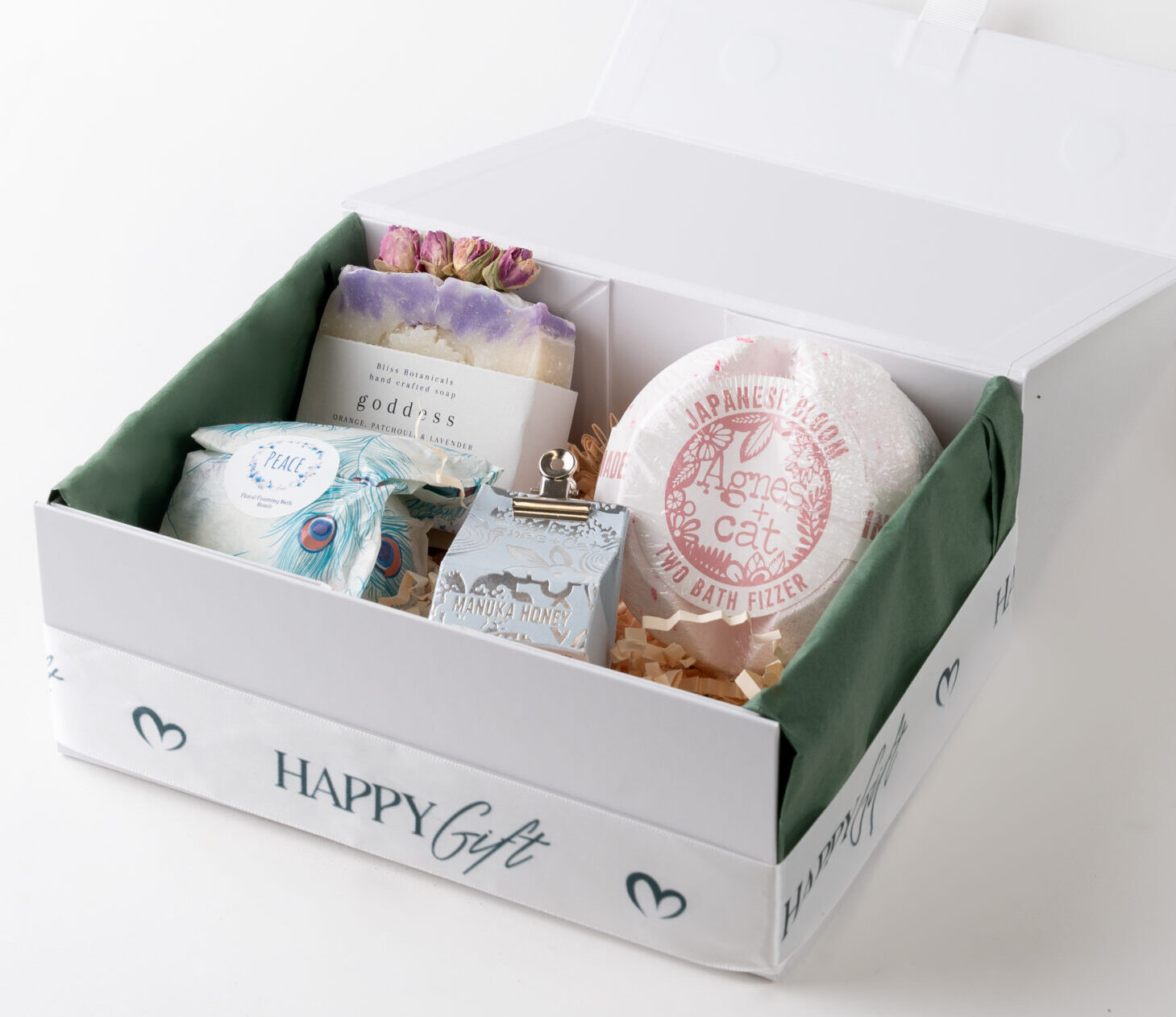 bath gift set with handmade soap, bath bombs and a honey lip balm