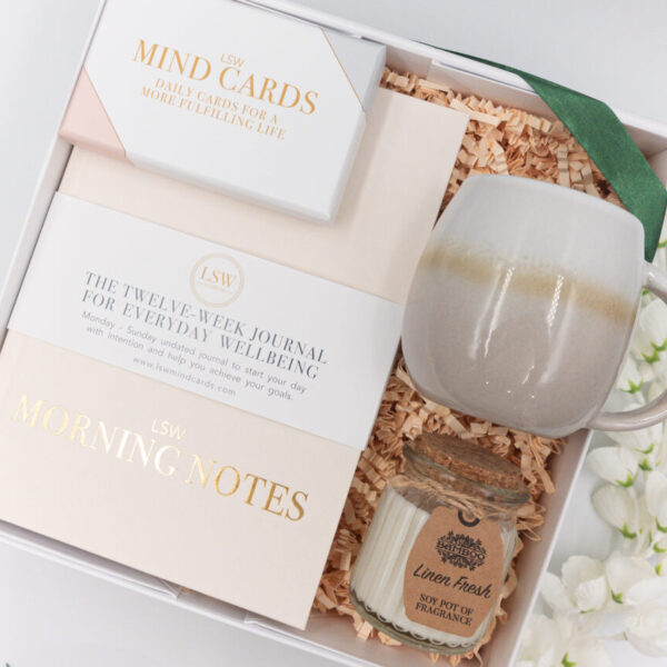 morning self care gift box with morning notes, mind cards, mug and candle