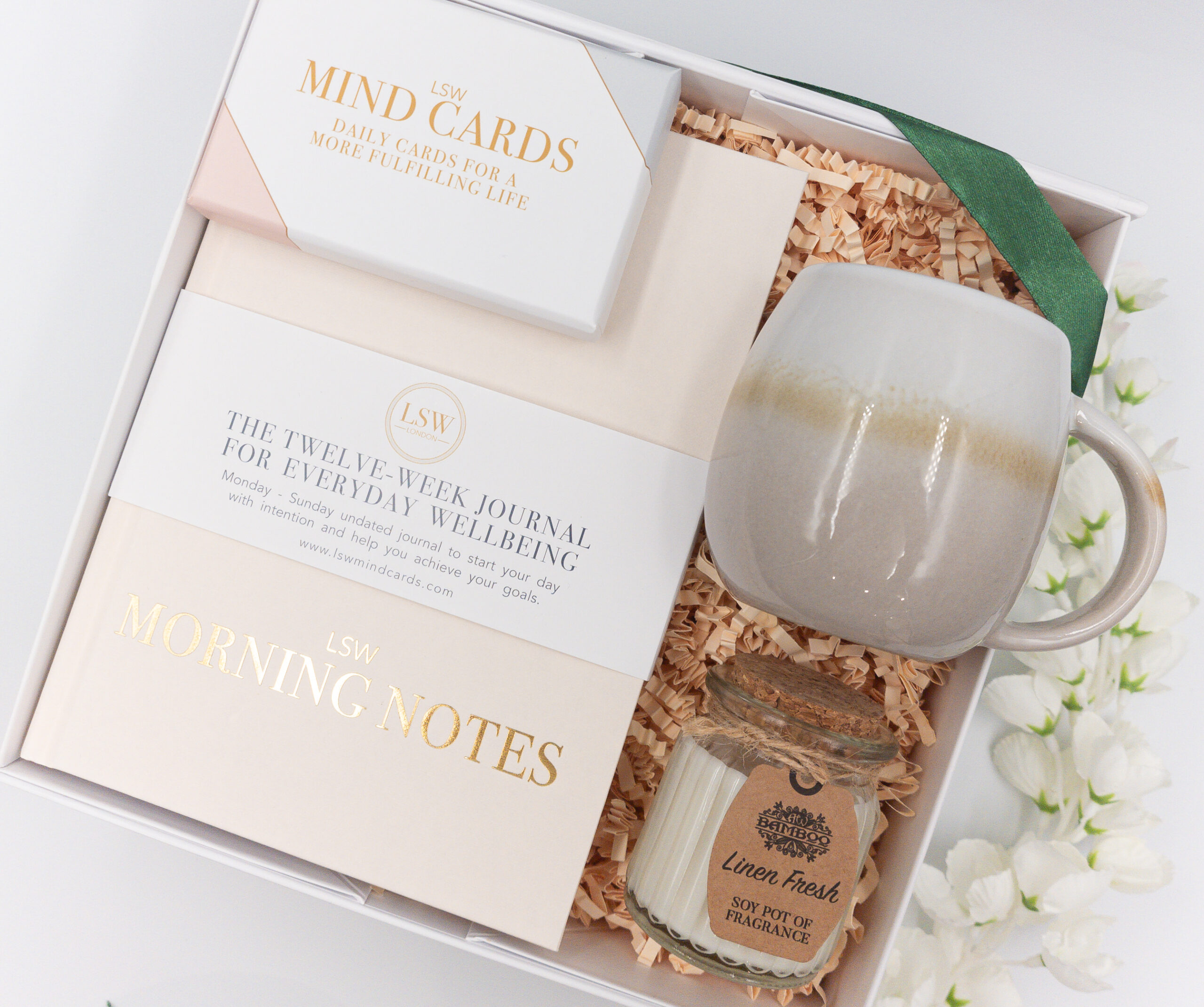 morning self care gift box with morning notes, mind cards, mug and candle
