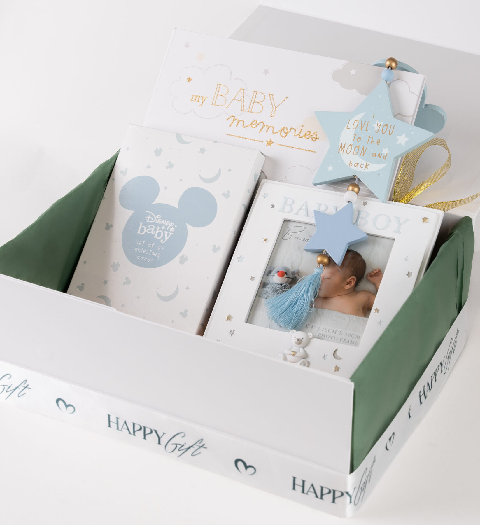 baby boy gift set with memory book, milestone cards, baby boy frame, hanging plaque