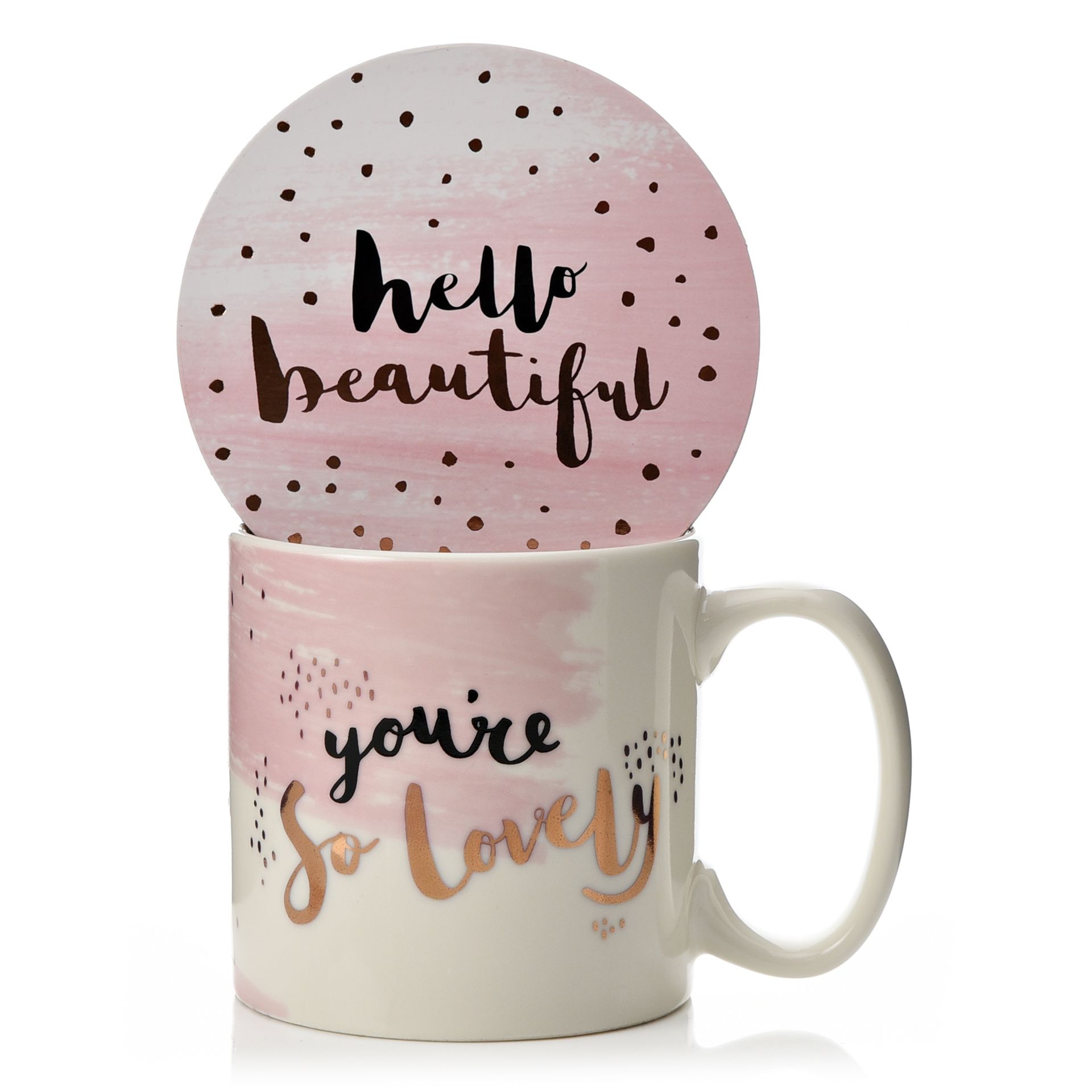 mug and coaster pink and white. Hello beautiful and you're so lovely mug