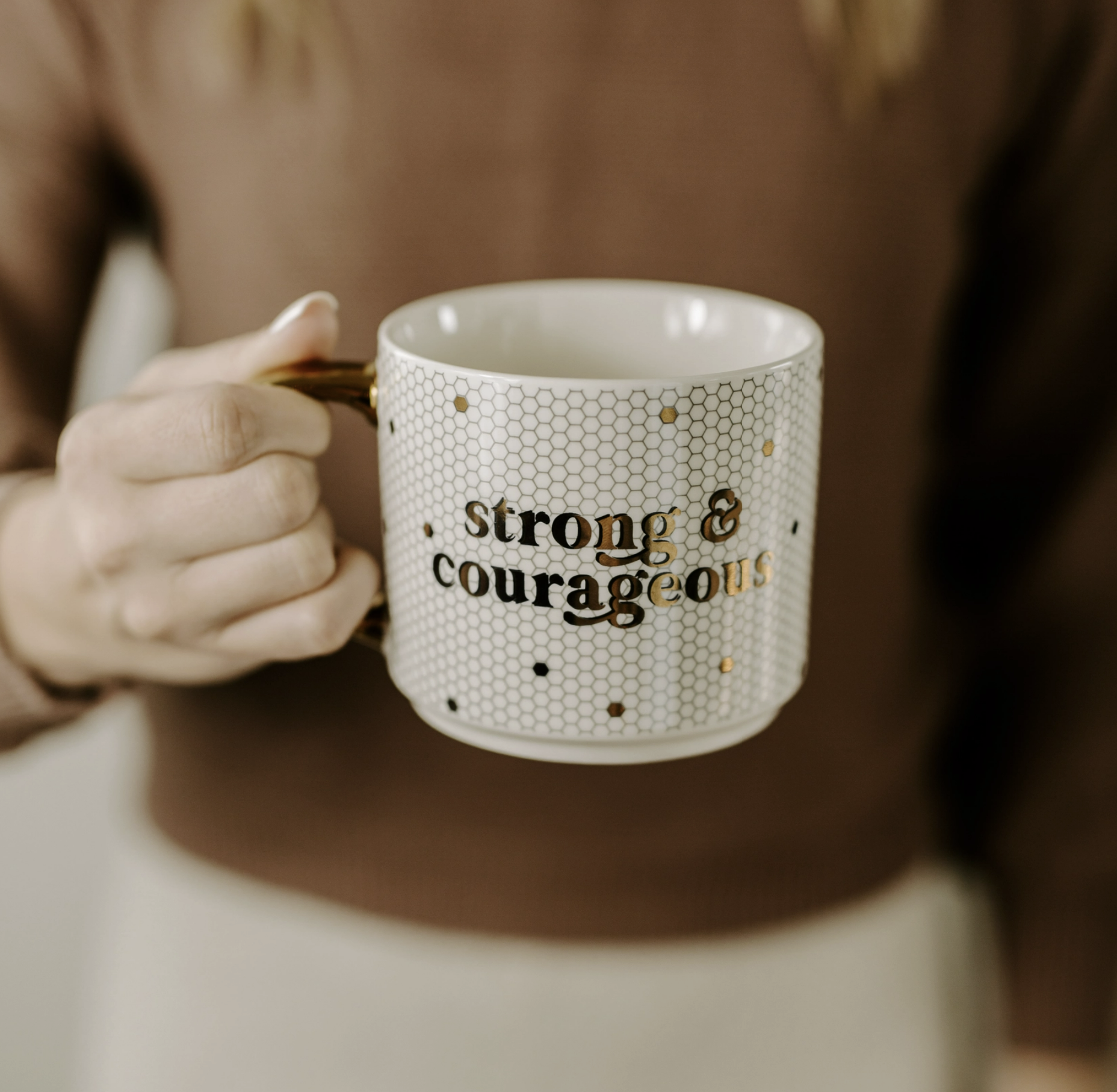 Strong and Courageous Gold Tile Coffee Mug