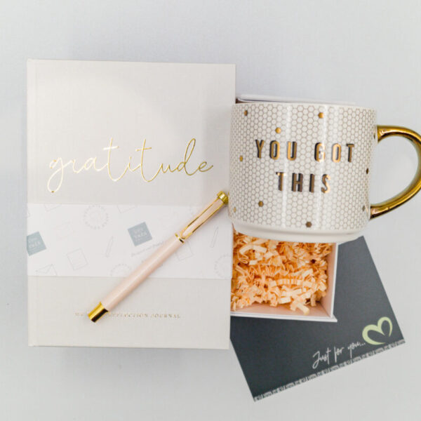 encouraging gift set with a mug, pen and diary